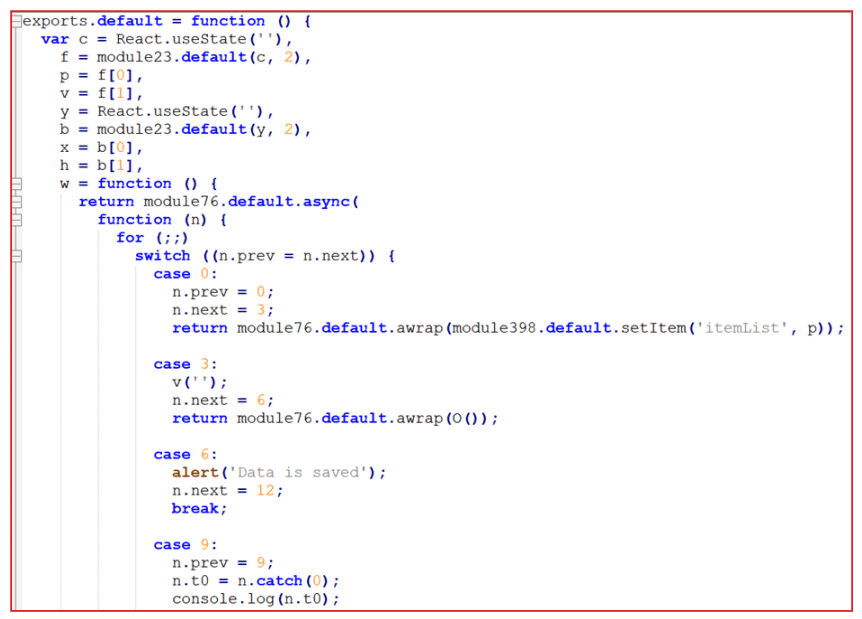 Code snippet of a JavaScript React function using hooks, async functions, switch cases, and module imports for handling state and saving data with alerts and console logging.