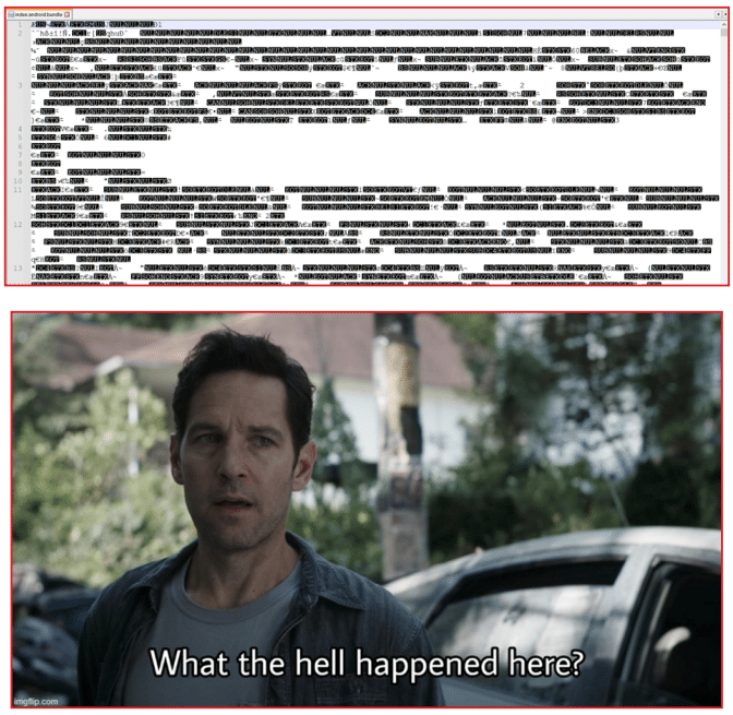 Two stacked images: The top shows corrupted or scrambled text resembling software code or data. The bottom image features a man outdoors with a concerned expression, standing near a car with an open door, with the caption 'What the hell happened here?'.