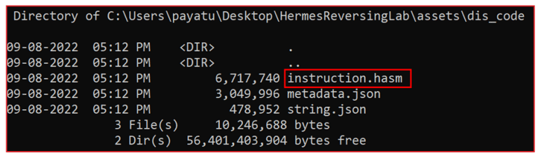 Command prompt window showing directory listing of C:\Users\payatu\Desktop\HermesReversingLab\assets\dis_code with three files: instruction.hasm (6,717,740 bytes), metadata.json (3,049,996 bytes), and string.json (478,952 bytes), along with two directories and free space information.