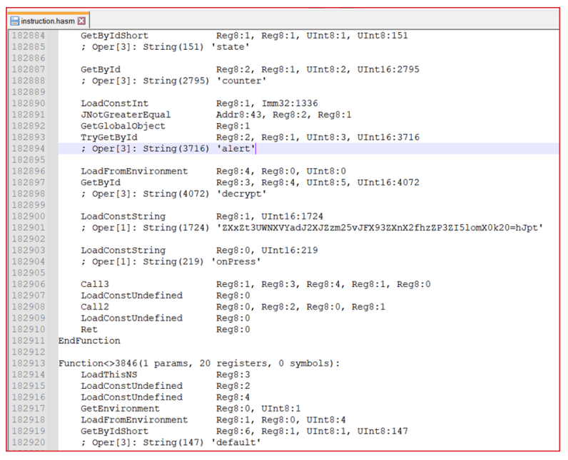 Screenshot of code instructions showing various operations including GetByIdShort, GetById, LoadConstInt, LoadFromEnvironment, LoadConstString, and functions handling strings like 'state', 'counter', 'alert', 'decrypt', and 'onPress' with associated registers and memory addresses in a text editor window.