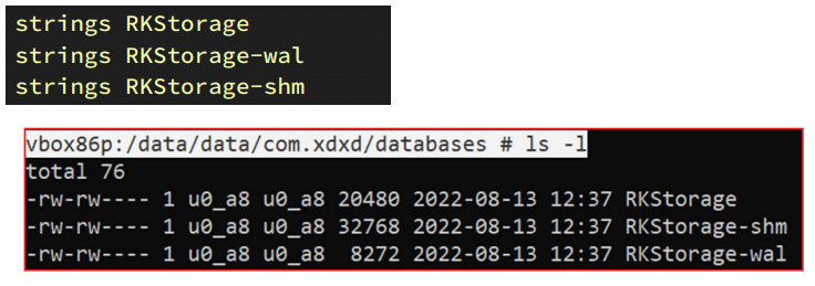 Screenshot of a terminal window showing three string entries: RKStorage, RKStorage-wal, and RKStorage-shm. Below, a command listing files with details includes RKStorage, RKStorage-shm, and RKStorage-wal with permissions, ownership, sizes, timestamps from August 13, 2022, and times 12:37.