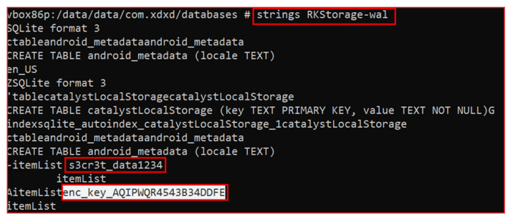 Terminal screen showing command 'strings RKStorage-wal' running in a vbox86p environment, displaying SQLite format 3 database content with tables named android_metadata and catalystLocalStorage. Visible data includes itemList keys, specifically 's3cr3t_data1234' and 'enc_key_AQIPWQR4543B34DDFE'.
