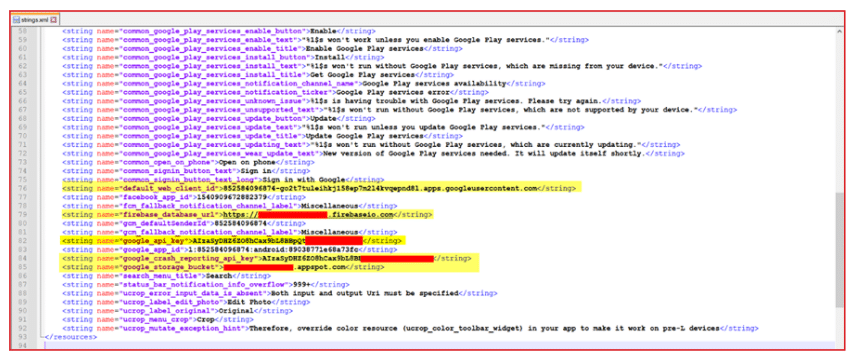 Screenshot of Android XML strings file showing code for Google Play services enable button, installation messages, Firebase URLs and keys, Google API keys, and UI text strings, with some lines highlighted in yellow and one in red.