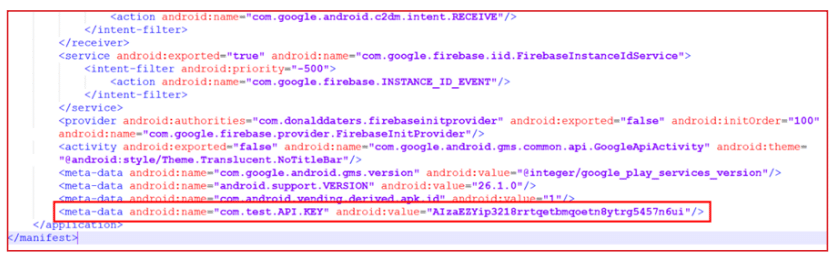 Screenshot of an Android manifest XML file showing service, provider, activity, meta-data elements, and an API key with the android:name 'com.test.API_KEY' and an associated android:value.