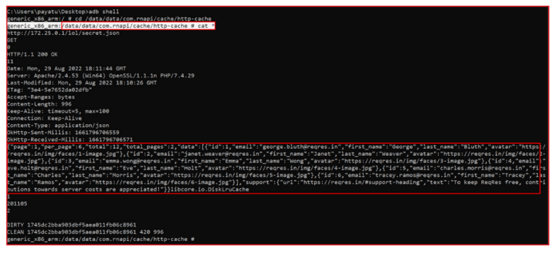 Terminal window showing adb shell command to access and display content of secret.json file from http-cache directory, revealing JSON data with user details including ids, emails, first and last names, and avatar URLs from reqres.in, along with server response headers and cache statuses.