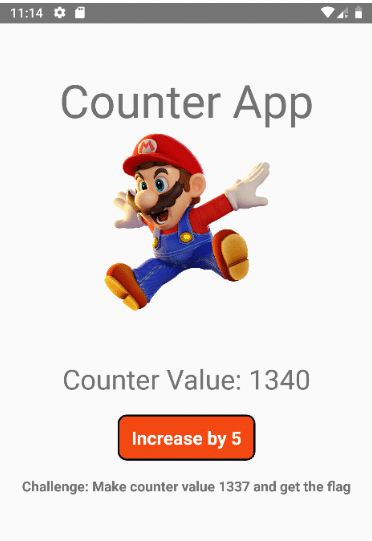 Mobile app screen showing a Counter App with a Mario character jumping, current counter value 1340, and an orange button labeled 'Increase by 5'. Below is a challenge message to make the counter value 1337 and get the flag.