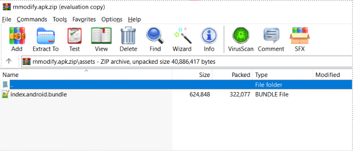 Archive utility window displaying contents of rnmodyfy.apk.zip file, showing one folder named 'assets' and one BUNDLE file named 'index.android.bundle' with their sizes and packed sizes listed.