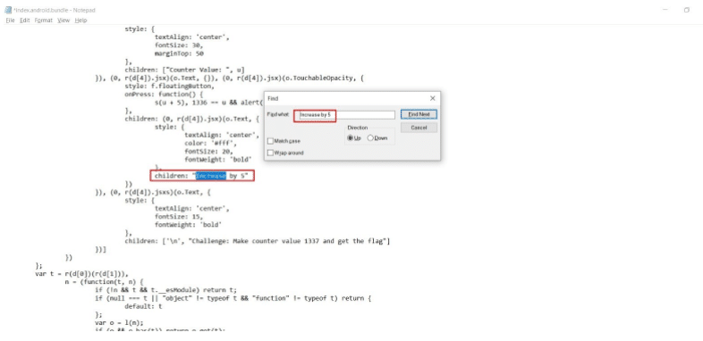 Notepad window showing a code file with syntax including functions and children properties; a Find dialog box is open with the search term 'increase by 5' typed in, and text in the code highlighted matching 'increase by 5'.