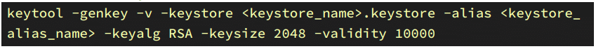 Terminal command to generate a keystore with keytool, including options for verbose output, keystore file name, alias name, RSA algorithm, 2048 key size, and validity of 10000 days.