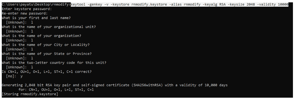 Command prompt window showing the use of keytool command to generate an RSA key pair with a 2048-bit key size and 10000 days validity, including prompts for keystore password, personal and organizational details, and confirmation of correctness before generating and storing the self-signed certificate in rnmodify.keystore.