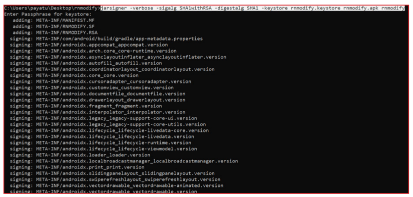 Command prompt terminal showing a jar signing process using jarsigner with verbose output, displaying added and signed META-INF files and AndroidX library version metadata.