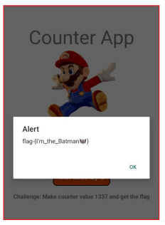 Screenshot of a Counter App interface with an alert box displaying the message: flag-{I'm_the_Batman} over an image of a Mario character.