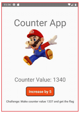 Mobile screen of a Counter App displaying a jumping Mario figure, counter value 1340, an orange button labeled 'Increase by 5', and a challenge text: 'Make counter value 1337 and get the flag'.