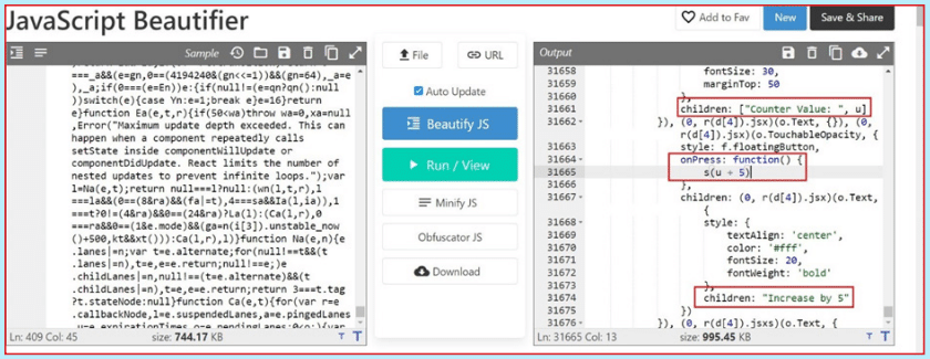 Screenshot of JavaScript Beautifier tool interface showing code on the left with syntax, buttons in the center for File, URL, Beautify JS, Run/View, Minify JS, Obfuscator JS, Download, and output code on the right highlighting 'children: Counter Value:', 'onPress: function', and 'children: Increase by 5'.