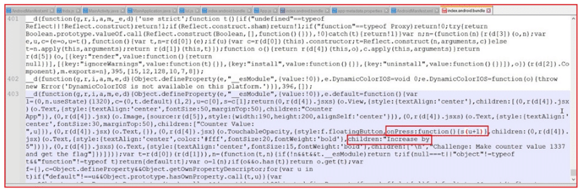 Screenshot of a code snippet in a developer console highlighting JavaScript handling of a 'TouchableOpacity' component's onPress event and an increase in child element text 'Increase by'.