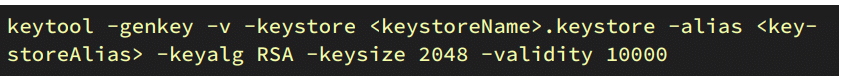 Command line text on a black screen showing a keytool command to generate an RSA key with 2048 bits and 10000 days validity.