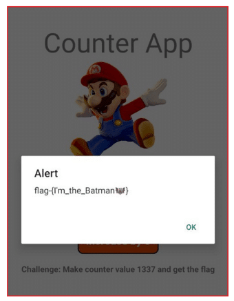 Screenshot of a Counter App with a Super Mario figure in the background and an alert box in the foreground displaying the message: "flag-{'I'm_the_Batman🦇'}" with an OK button.