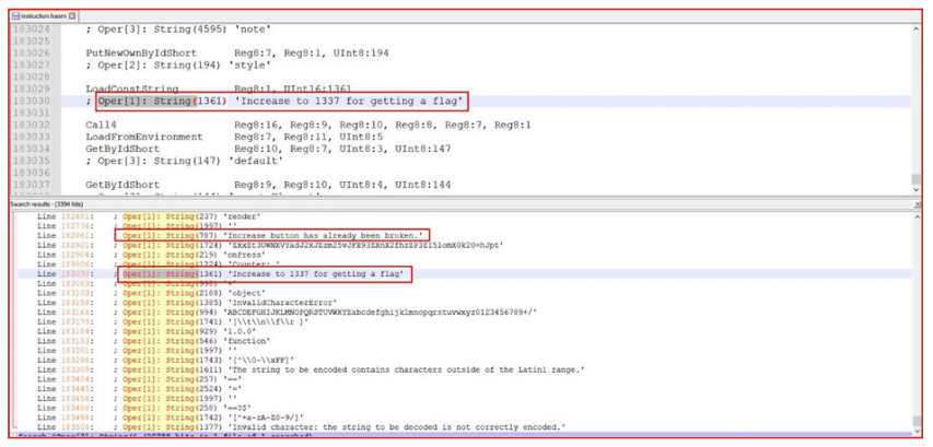 Screenshot of a code or text editor displaying search results for the string '1337.' The highlighted lines include code lines and string values such as 'Increase to 1337 for getting a flag' and 'Increase button has already been broken.' Various line numbers and string indices are visible, with some entries surrounded by colored highlights. The interface shows details like memory registers and string lengths.