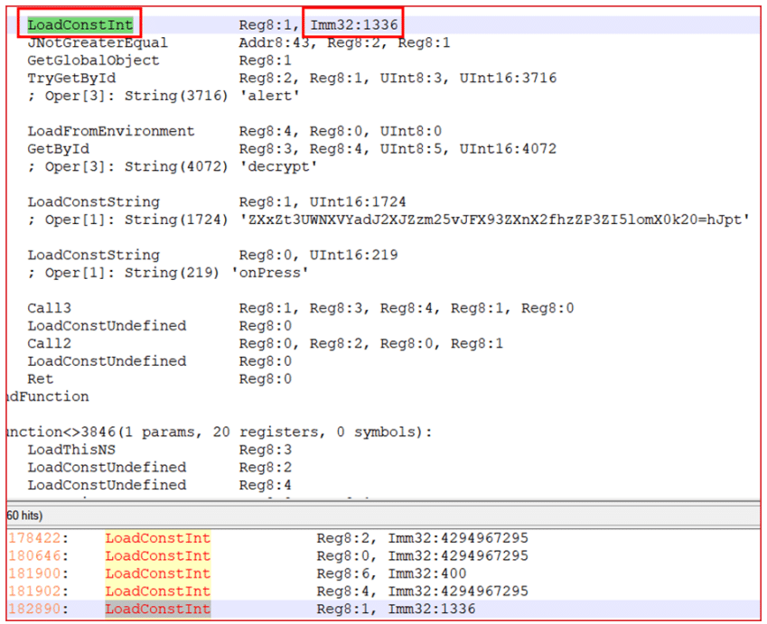 Screenshot of code snippet showing multiple LoadConstInt instructions with register and immediate 32-bit integer values, including Imm32:1336 highlighted in both green and red at top and bottom.