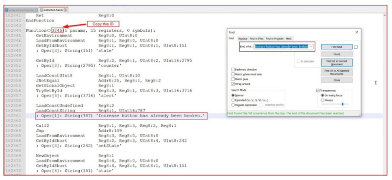 Screenshot of a code editor showing assembly-like code with a highlighted line containing the string 'Increase button has already been broken.' A search popup overlays the code, searching for the phrase 'Increase button has already been broken' and indicating one match found.