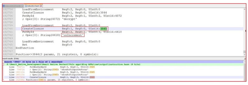 Screenshot of a text editor displaying code and search results. The code snippet shows a function named LoadFromEnvironment with lines including CreateClosure and PutById. Inside CreateClosure, a UInt16 value '3845' is highlighted in green, and a string 'onIncrement' is highlighted in red. Below the code, search results indicate 6 hits for '3845' within a file, each line showing different code references and the term '3845' highlighted in orange.