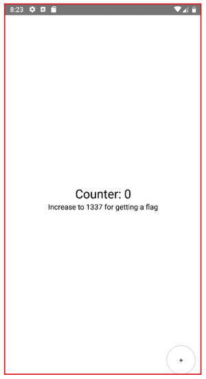 Mobile screen showing a counter app with the text 'Counter: 0' and instruction 'Increase to 1337 for getting a flag' on a white background, with a circular plus button at the bottom right.