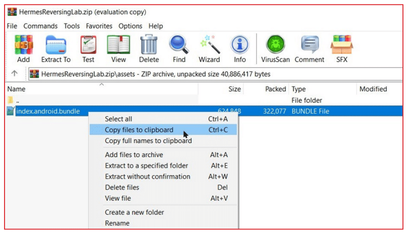 File archive software window showing the contents of HermesReversingLab.zip with the file index.android.bundle selected and a context menu open with options like 'Select all,' 'Copy files to clipboard,' and 'Extract to a specified folder.'