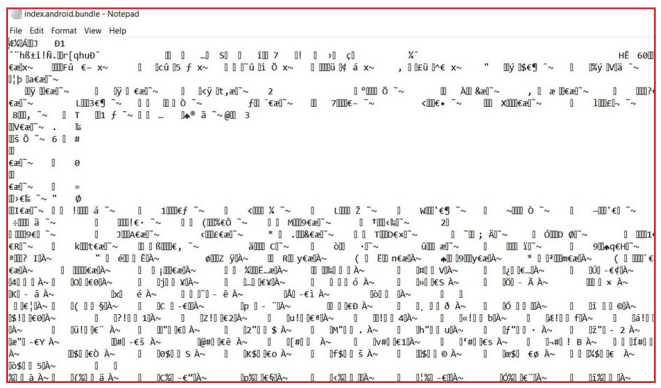 Screenshot of a Notepad window with a file named 'index.android.bundle' containing mostly unreadable cryptic or binary text characters.