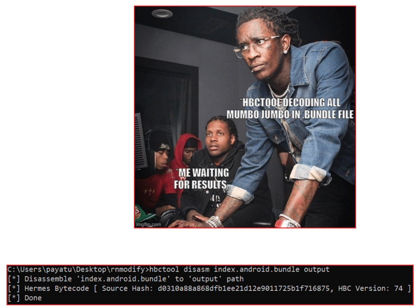 Four men in a dimly lit room focused on a computer screen with text overlay: "HBCTOOL DECODING ALL MUMBO JUMBO IN .BUNDLE FILE" above a man leaning forward, and "ME WAITING FOR RESULTS..." above a seated man looking intently ahead.