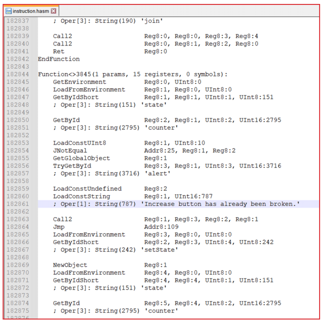 Screenshot of a code editor showing a portion of hasm assembly-like code with string operations and register instructions, including lines referencing strings such as 'join', 'state', 'counter', 'alert', and the message 'Increase button has already been broken.'