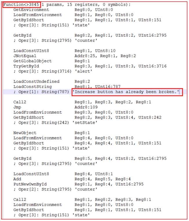 Screenshot of function code displaying parameters, registers, and symbolic strings, including message 'Increase button has already been broken.'