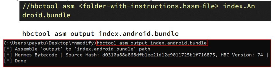 Terminal screenshot showing usage of hbctool asm command to assemble a folder into index.android.bundle with confirmation messages indicating assembly to the specified path, source hash, HBC version, and done status.