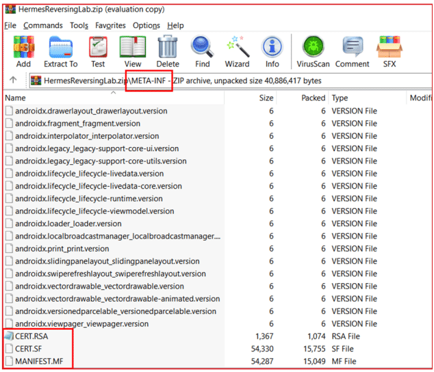 Archive manager window showing contents of HermesReversingLab.zip, a ZIP file with unpacked size about 40.9 MB; it contains META-INF folder and several Android-related version files such as androidx.lifecycle and androidx.viewpager, plus CERT.RSA, CERT.SF and MANIFEST.MF files in META-INF folder.