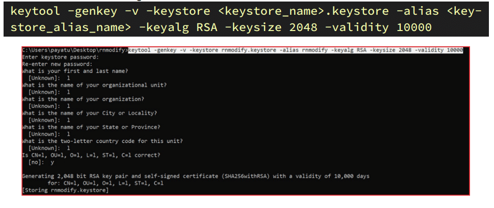 Terminal screenshot showing the command 'keytool -genkey -v -keystore <keystore_name>.keystore -alias <keystore_alias_name> -keyalg RSA -keysize 2048 -validity 10000' and prompts for keystore password, personal and organizational details, followed by confirmation and generation of a 2048-bit RSA key pair with a 10,000-day validity. The keystore file named 'rnmodify.keystore' is stored.