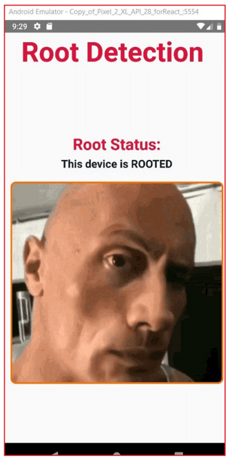 Mobile screen showing a root detection app with text 'Root Detection' and 'Root Status: This device is ROOTED' above a close-up image of a bald man's face.