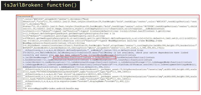 Screenshot of JavaScript code defining an isJailBroken function with comments about a console warning that 'JailMonkey' is not available and the app has been rebuilt, including a highlighted code snippet returning isJailBroken function calls.