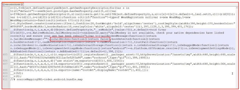 Screenshot of Android JavaScript code inspecting objects, defining properties, and handling different functions related to app detection, location, and asset registration in a bundle file.