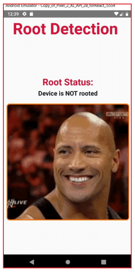 Screenshot of a mobile app showing root detection results with the heading 'Root Detection' and the status 'Device is NOT rooted' in bold text above a smiling man in a black tank top.