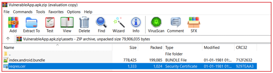 Screenshot of a zip archive named VulnerableApp.apk.zip opened in a file compression program showing two items: a folder named index.android.bundle and a security certificate file named reqres.cer, with details like size, packed size, modification date, and CRC32.