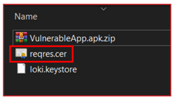 File explorer window showing three files: VulnerableApp.apk.zip, reqres.cer highlighted with a red box, and loki.keystore.