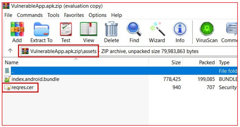 Screenshot of a ZIP archive named VulnerableApp.apk.zip opened in a file extracting program showing the contents of the assets folder, including index.android.bundle and a security certificate file named reqres.cer.
