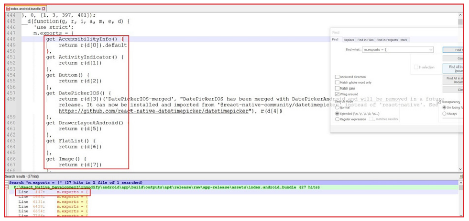 Screenshot showing code in a developer tool with 'm.exports =' being searched and highlighted in a large index.android.bundle file for a React Native Android app build, including function declarations for AccessibilityInfo, ActivityIndicator, Button, DatePickerIOS, DrawerLayoutAndroid, FlatList, and Image. A search results panel at the bottom lists 27 hits for 'm.exports =' across the file with line numbers.