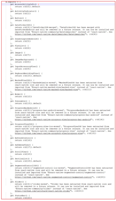 Screenshot of JavaScript code listing exported functions related to UI components like DatePickerIOS, DrawerLayoutAndroid, FlatList, Image, Text, Modal, ProgressBarAndroid, ScrollView, SectionList, and Slider, with comments about migration from react-native to react-native-community libraries and removal plans.