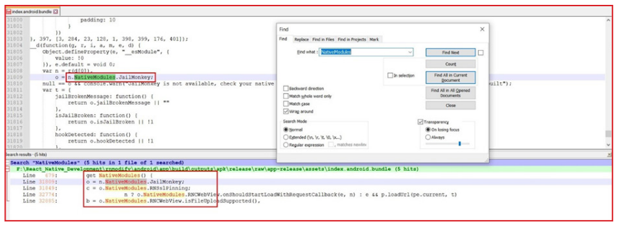 Screenshot of a code editor with a search box open. The code shows JavaScript referencing NativeModules.JailMonkey and other NativeModules functions. The search box has 'NativeModule' typed in, with options like Find Next and Count visible. Below, search results display lines from a file path containing 'index.android.bundle' showing usages of NativeModules.JailMonkey, NativeModules.RNSpinning, and NativeModules.RNCWebView methods.