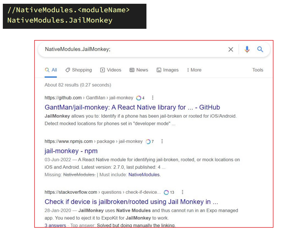 Screenshot of a Google search results page for 'NativeModules.JailMonkey;' showing about 82 results. The top results include links to GitHub for GantMan's jail-monkey React Native library for detecting jailbroken or rooted phones, the jail-monkey npm package page, and a Stack Overflow question about checking if a device is jailbroken or rooted using Jail Monkey.