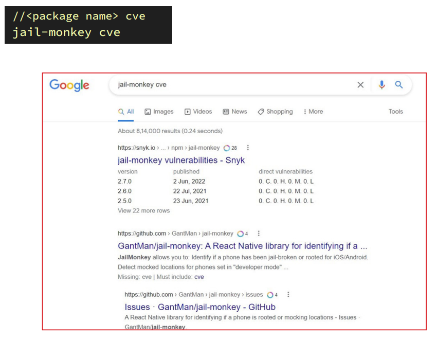 Screenshot showing a Google search results page for 'jail-monkey cve' with results including a Snyk page listing jail-monkey vulnerabilities with version numbers and publication dates, a GitHub repository named GantMan/jail-monkey describing it as a React Native library for identifying if a phone is jailbroken or rooted, and an issues page from the same GitHub repository.