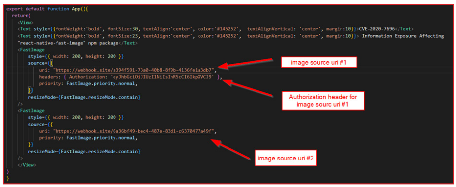 Screenshot of JavaScript React Native code showing an App function that renders text and two FastImage components with different image source URIs and authorization header for the first image.