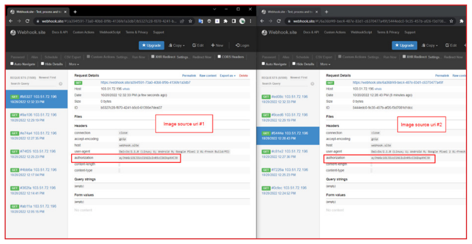 Side-by-side screenshots of two browser windows showing Webhook.site request details with highlighted authorization headers containing authorization tokens and user-agent strings indicating Android 9 and Google Pixel 3 devices.