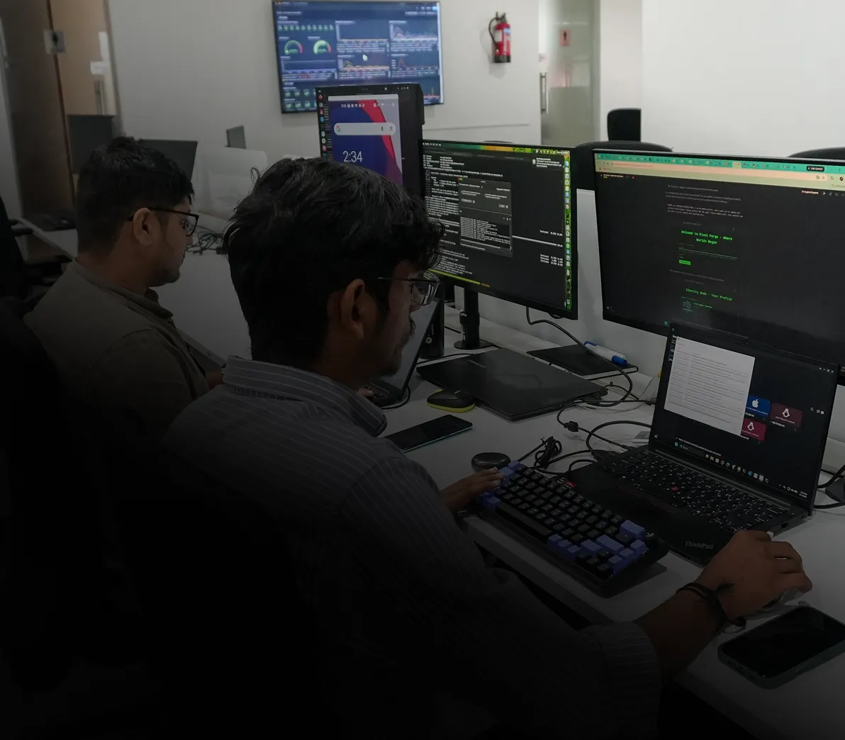 Two men sitting side by side at a desk working on computers in an office, with multiple monitors displaying code and analytics dashboards.