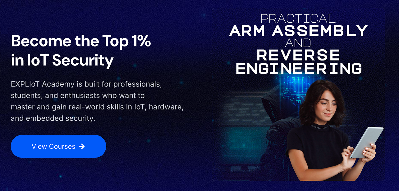 Advertisement for EXPLIoT Academy showing a woman holding a tablet with a hooded figure and digital security icons in the background, promoting mastery in IoT security, ARM assembly, and reverse engineering skills.